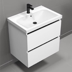 White Wall Mounted Small Bathroom Vanity, Modern, 26 inch