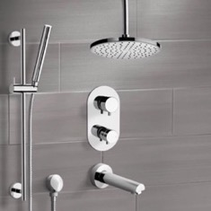 Thermostatic Tub and Shower Faucet Set with Handheld and Ceiling Rain Shower Head