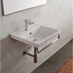 Square Wall Mounted Ceramic Sink With Polished Chrome Towel Bar