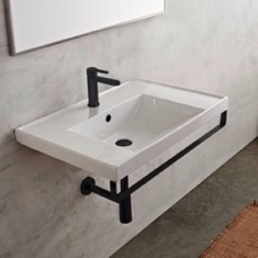 Rectangular Wall Mounted Ceramic Sink With Black Towel Bar