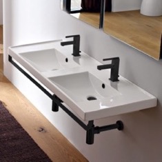 Double Basin Wall Mounted Ceramic Sink With Black Towel Bar