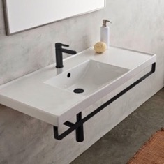 Rectangular Wall Mounted Ceramic Sink With Black Towel Bar