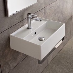 Rectangular Wall Mounted Ceramic Sink With Polished Chrome Towel Bar