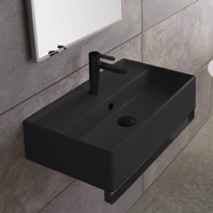 Black Ceramic Wall Mounted Sink With Black Towel Bar