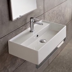 Rectangular Wall Mounted Ceramic Sink With Polished Chrome Towel Bar