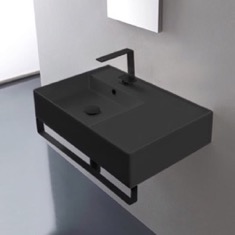 Black Ceramic Wall Mounted Sink With Black Towel Bar