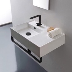Rectangular Ceramic Wall Mounted Sink, Black Towel Bar Included