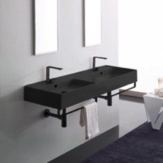Double Black Wall Mounted Ceramic Sink With Black Towel Bar