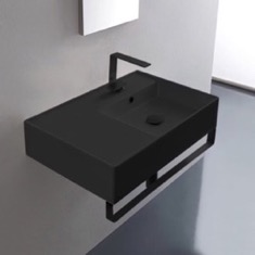 Black Ceramic Wall Mounted Sink With Black Towel Bar