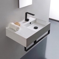 Rectangular Ceramic Wall Mounted Sink, Black Towel Bar Included