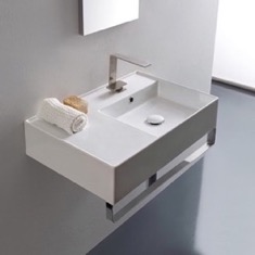 Rectangular Ceramic Wall Mounted Sink With Counter Space, Towel Bar Included
