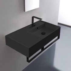 Black Ceramic Wall Mounted Sink With Black Towel Bar