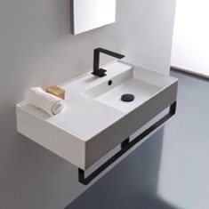 Rectangular Ceramic Wall Mounted Sink With Black Towel Bar