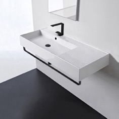 Rectangular Ceramic Wall Mounted Sink, Black Towel Bar Included
