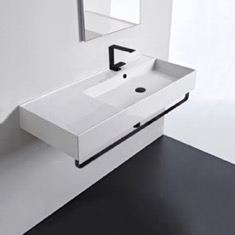 Rectangular Ceramic Wall Mounted Sink, Black Towel Bar Included