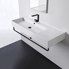 Rectangular Ceramic Wall Mounted Sink, Black Towel Bar Included
