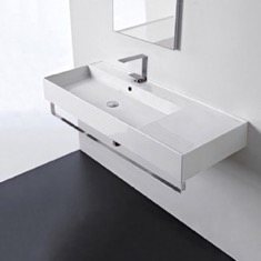 Rectangular Ceramic Wall Mounted Sink With Counter Space, Towel Bar Included