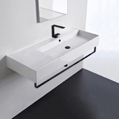 Rectangular Ceramic Wall Mounted Sink, Black Towel Bar Included