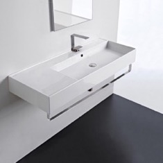 Rectangular Ceramic Wall Mounted Sink With Counter Space, Towel Bar Included