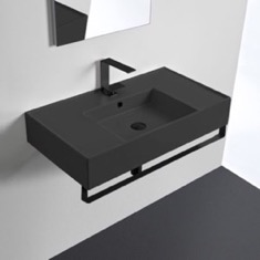 Black Ceramic Wall Mounted Sink With Black Towel Bar