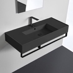 Black Ceramic Wall Mounted Sink With Black Towel Bar
