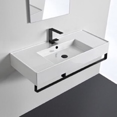 Rectangular Ceramic Wall Mounted Sink With Black Towel Bar