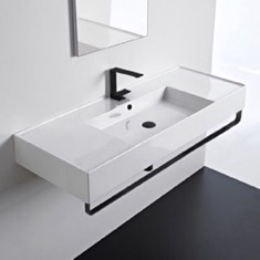 Rectangular Ceramic Wall Mounted Sink With Black Towel Bar