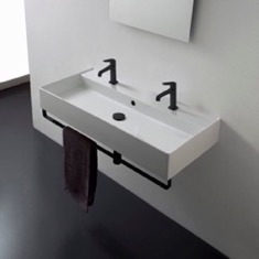 Wall Mounted Double Ceramic Sink With Black Towel Bar