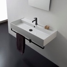 Rectangular Wall Mounted Ceramic Sink With Black Towel Bar
