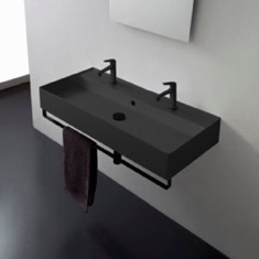 Double Black Wall Mounted Ceramic Sink With Black Towel Bar