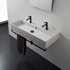 Wall Mounted Double Ceramic Sink With Black Towel Bar