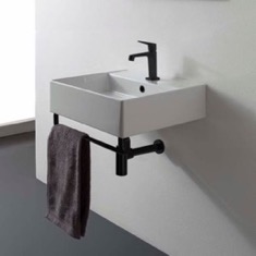 Square Wall Mounted Ceramic Sink With Black Towel Bar