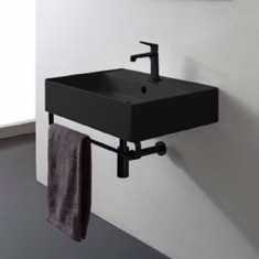 Black Ceramic Wall Mounted Sink With Black Towel Bar