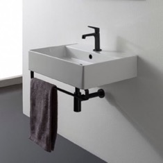 Rectangular Wall Mounted Ceramic Sink With Black Towel Bar