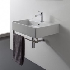 Rectangular Wall Mounted Ceramic Sink With Polished Chrome Towel Bar
