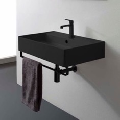 Black Ceramic Wall Mounted Sink With Black Towel Bar