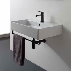 Rectangular Wall Mounted Ceramic Sink With Black Towel Bar
