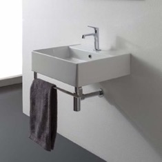 Square Wall Mounted Ceramic Sink With Polished Chrome Towel Bar