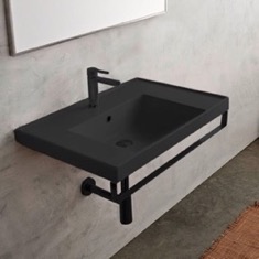 Wall Mounted Black Ceramic Sink With Black Towel Bar