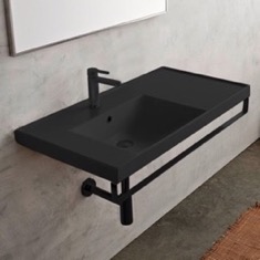 Wall Mounted Black Ceramic Sink With Black Towel Bar