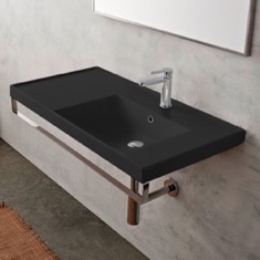 Wall Mounted Black Ceramic Sink With Polished Chrome Towel Bar