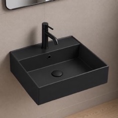 Wall Mount Sink - 18 inch, Ceramic Rectangular, Modern, Matte Black