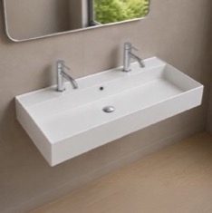 Wall Mount Sink - Trough, Double, Ceramic, Modern, 40 inch