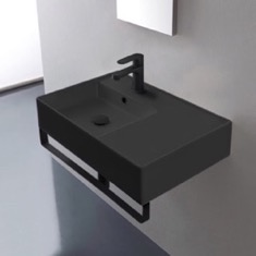 Black Ceramic Wall Mounted Sink With Black Towel Bar