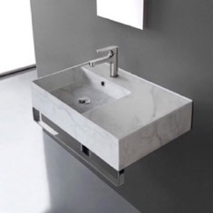 Marble Design Ceramic Wall Mounted Sink With Counter Space, Towel Bar Included