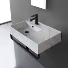 Marble Design Ceramic Wall Mounted Sink With Black Towel Bar