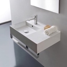 Rectangular Ceramic Wall Mounted Sink With Counter Space, Towel Bar Included
