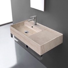 Beige Travertine Design Ceramic Wall Mounted Sink With Counter Space, Towel Bar Included
