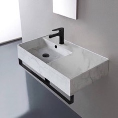 Marble Design Ceramic Wall Mounted Sink With Black Towel Bar