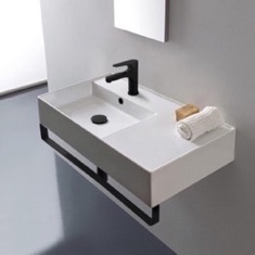 Rectangular Ceramic Wall Mounted Sink With Black Towel Bar